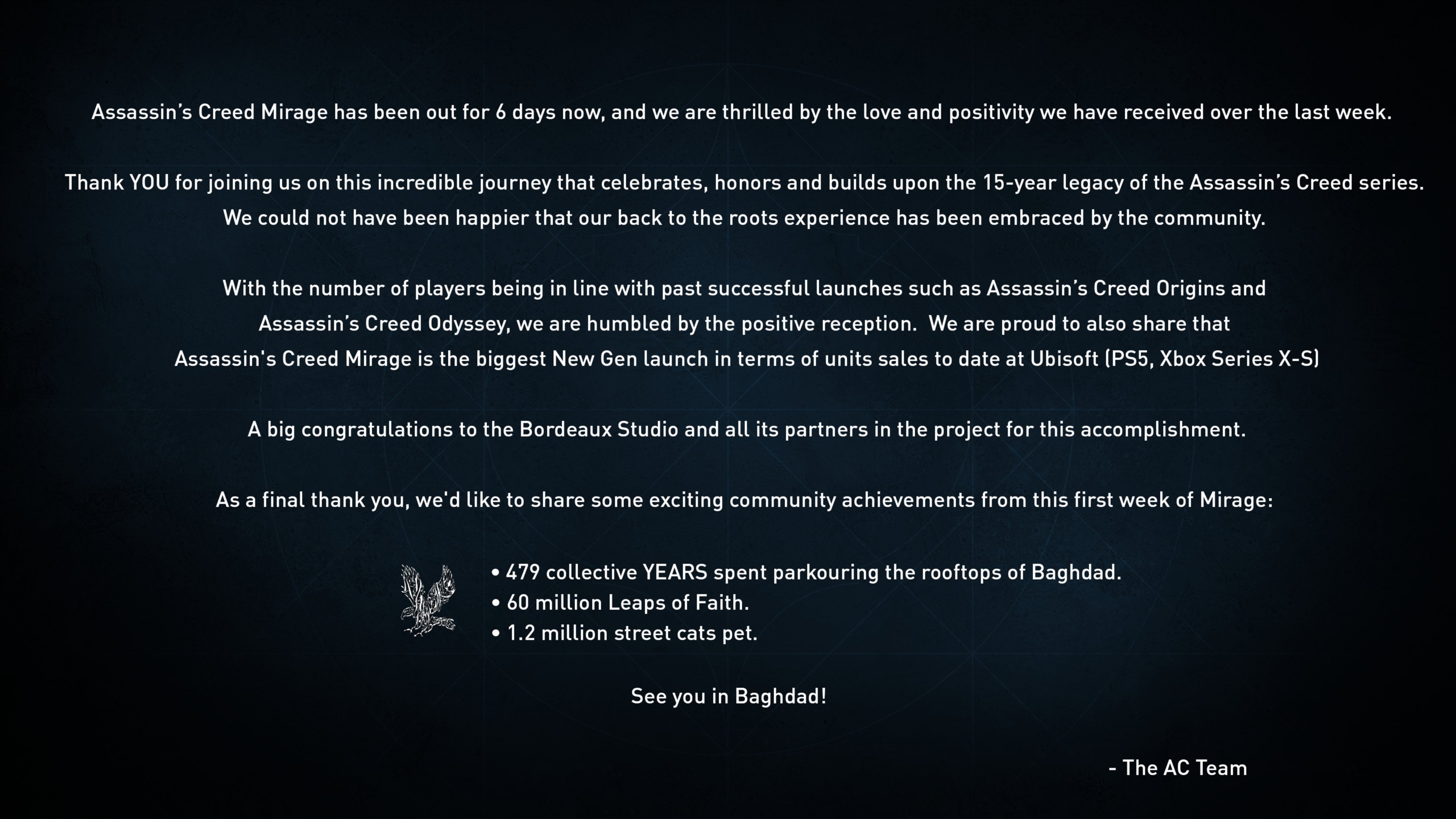 aggiornamento 1.04 di assassin's creed mirage foto comunicato ubisoft assassin's creed team