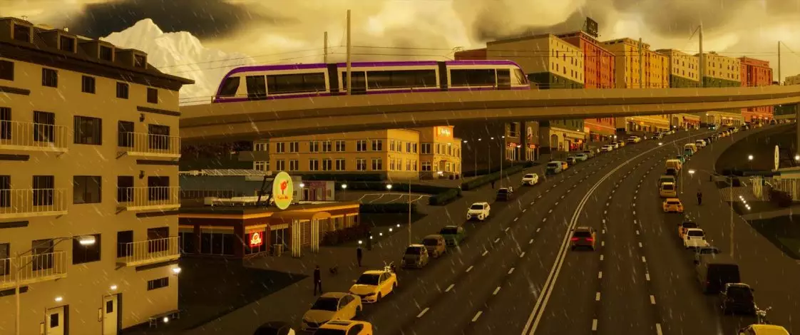 cities skylines 2 recensione tram sopraelevato tramonto