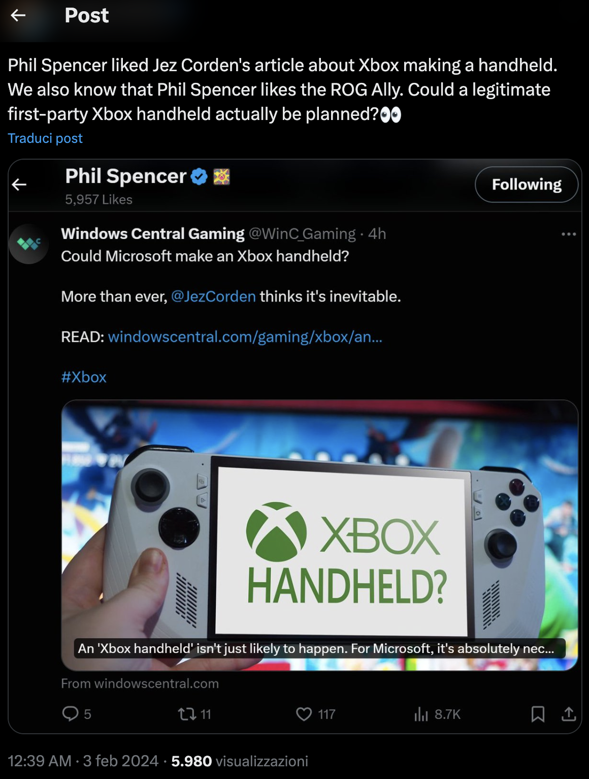 Xbox: via a nuovi progetti hardware tra cui una console portatile? Le riflessioni di Jez Corden 1 Phil Spencer liked Jez Cordens article